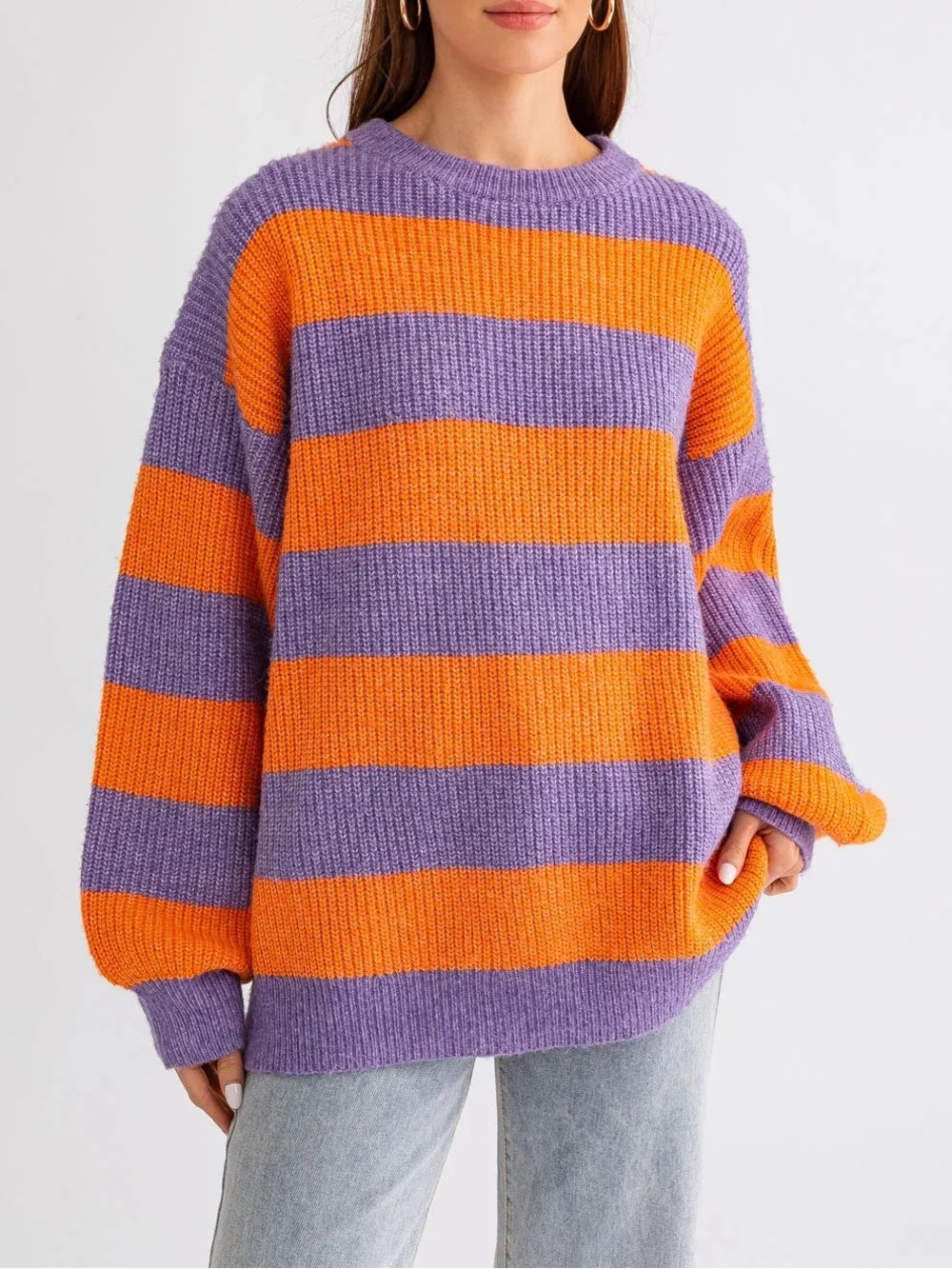 Le Lis Round Neckline Long Wide Sleeve Striped Sweater Size M